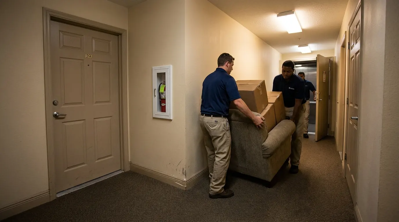 Workers carrying bulky items through an apartment hallway