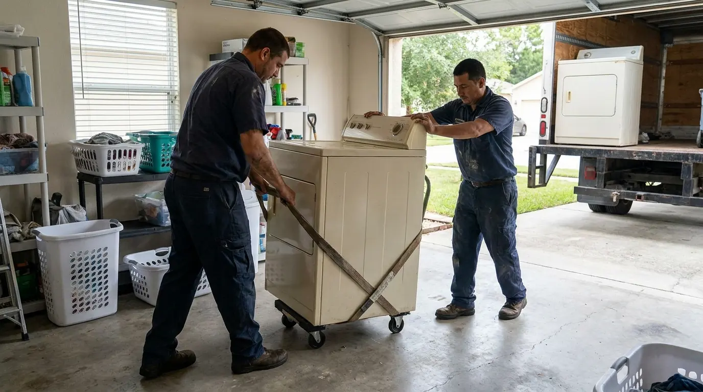 Workers moving an old washer and dryer for appliance pickup