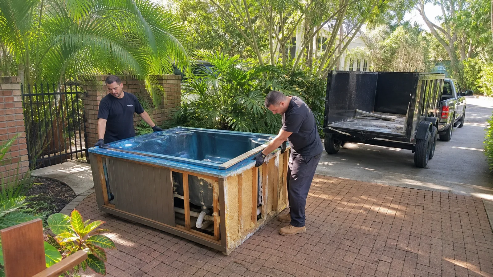Hot tub dismantling on a Winter Park patio before hauling