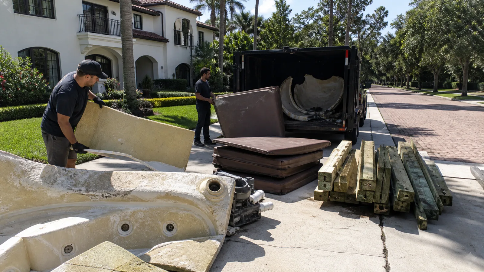 Sorted hot tub materials prepared for responsible hauling in Winter Park