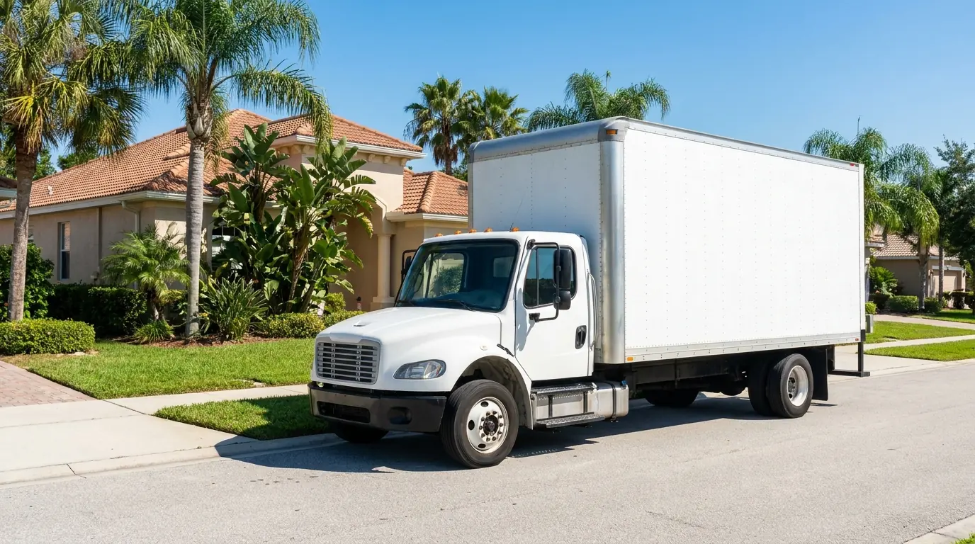 White junk removal box truck parked on an Orlando-area residential street