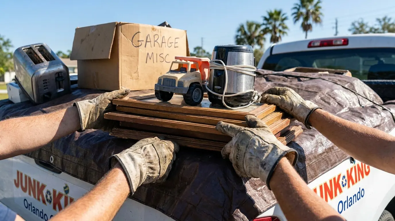 Close-up of junk removal workers securing items in a loaded truck