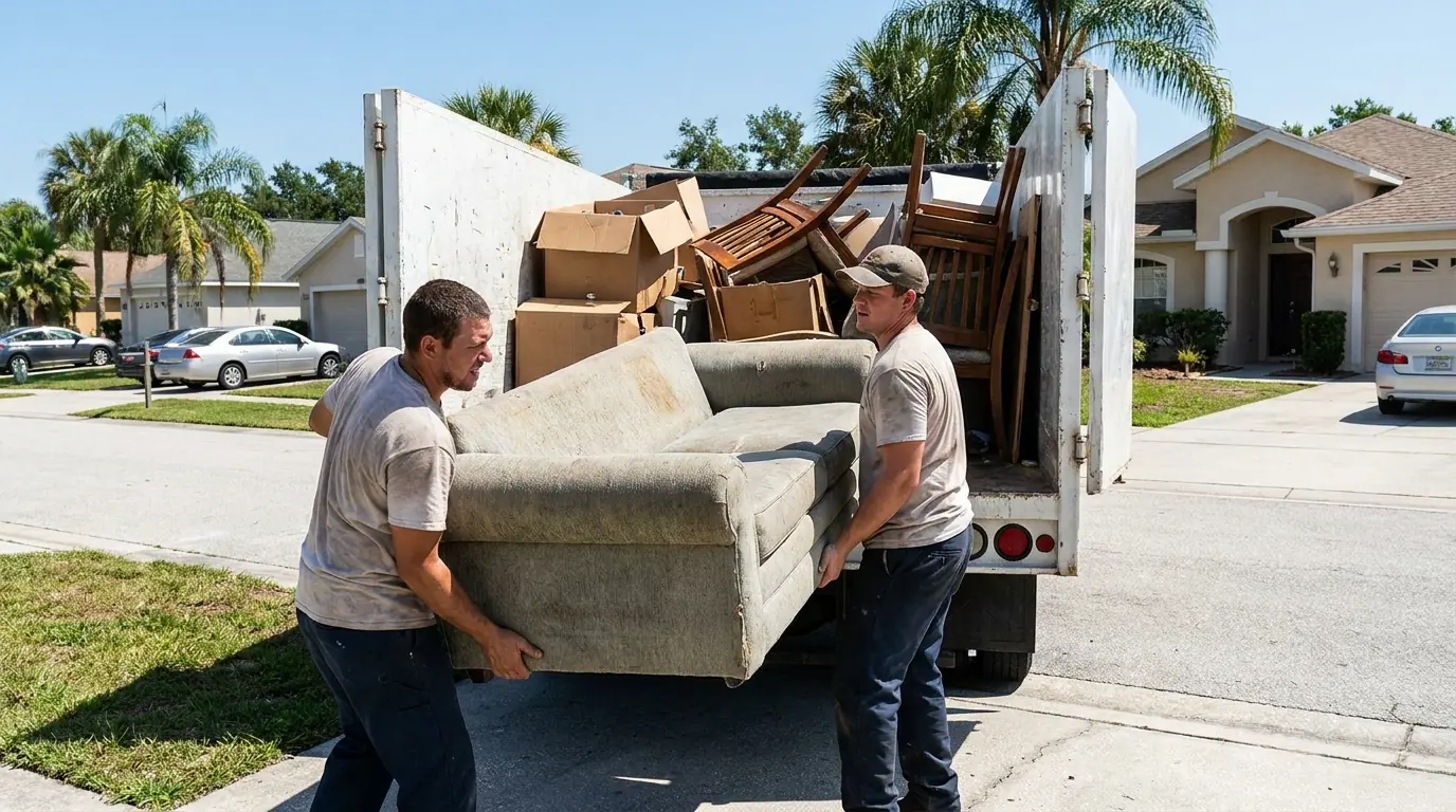 Orlando debris removal crew loading bulky items for pickup