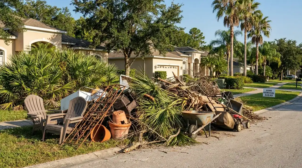 Palm fronds, branches, and outdoor debris staged for pickup